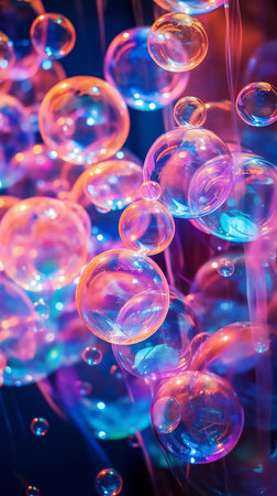 Neon soap bubbles on a black background. High quality photoの素材