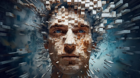 The man's face disintegrates into pixels. Concept: matrix, illusion of reality, Mandela effect, conspiracy theories. High quality photoの素材