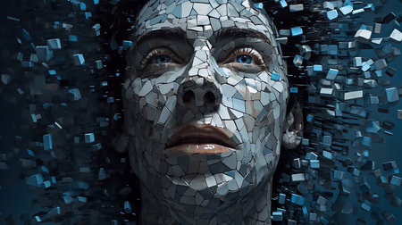The man's face disintegrates into pixels. Concept: matrix, illusion of reality, Mandela effect, conspiracy theories. High quality photoの素材