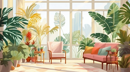 Cozy living room with light furniture and tropical indoor plants. High quality photoの素材