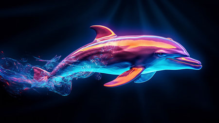 Neon dolphin on a black background. High quality photoの素材