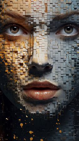 The woman's face disintegrates into pixels. Concept: matrix, illusion of reality, Mandela effect, conspiracy theories. High quality photoの素材