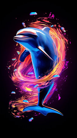 Neon dolphin on a black background. High quality photoの素材