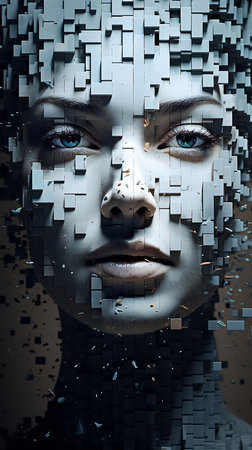 The woman's face disintegrates into pixels. Concept: matrix, illusion of reality, Mandela effect, conspiracy theories. High quality photoの素材