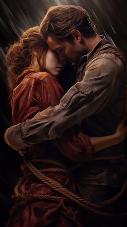 A man and a woman hug each other, they are tied with ropes. Concept: karmic relationships, karmic knots, attachments, relationship psychology. High quality photoの素材