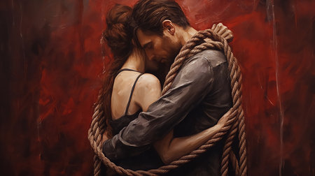 A man and a woman hug each other, they are tied with ropes. Concept: karmic relationships, karmic knots, attachments, relationship psychology. High quality photoの素材