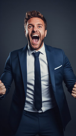 A man in a suit rejoices, is delighted, and wins. High quality photoの素材