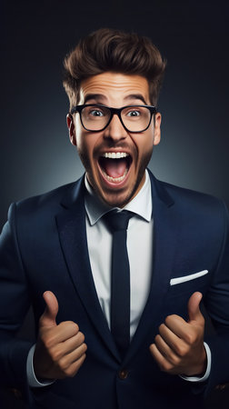 A man in a suit rejoices, is delighted, and wins. High quality photoの素材