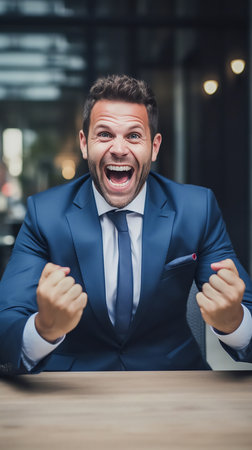 A man in a suit rejoices, is delighted, and wins. High quality photoの素材