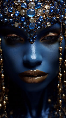 A glamorous girl with blue makeup, rhinestones and sparkles on her face. High quality photoの素材