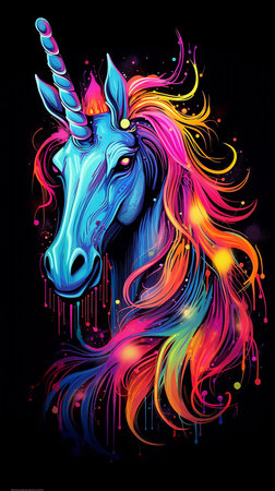 Neon unicorn on a black background. High quality photoの素材