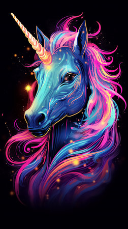 Neon unicorn on a black background. High quality photoの素材