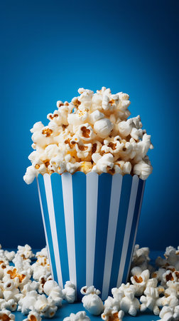Glass with popcorn on a blue background.の素材