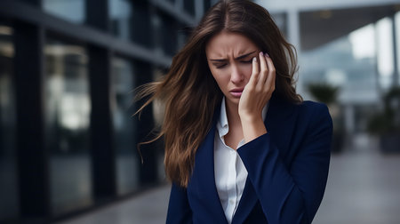 A girl in a suit suffers from a headache and toothache. High quality photoの素材