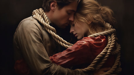 A man and a woman hug each other, they are tied with ropes. Concept: karmic relationships, karmic knots, attachments, relationship psychology. High quality photoの素材