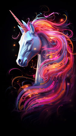 Neon unicorn on a black background. High quality photoの素材