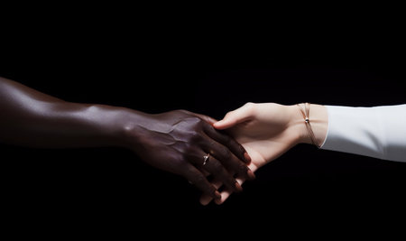Handshake, African American man's hand holding white man's hand. High quality photoの素材