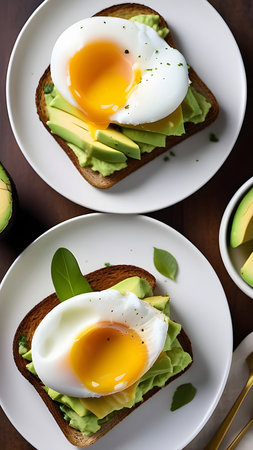 Sandwiches, bruschetta with avacado and poached egg. High quality photoの素材