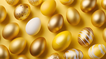 Golden Easter eggs on a yellow background. High quality photoの素材