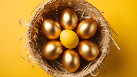 Golden Easter eggs on a yellow background. High quality photoの素材