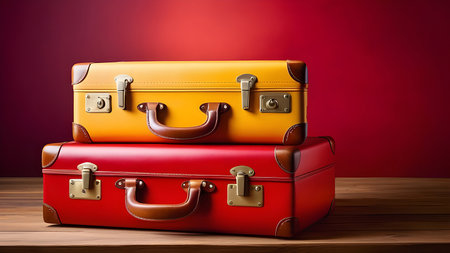 Yellow and red suitcases on a red background. High quality photoの素材