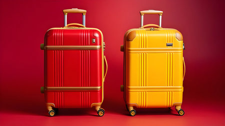 Yellow and red suitcases on a red background. High quality photoの素材