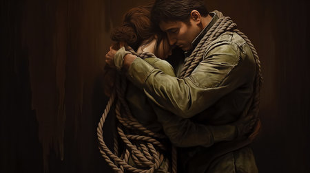 A man and a woman hug each other, they are tied with ropes. Concept: karmic relationships, karmic knots, attachments, relationship psychology. High quality photoの素材