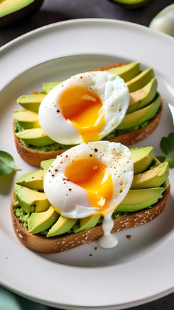 Sandwiches, bruschetta with avacado and poached egg. High quality photoの素材