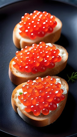 Bruschetta with red caviar on a black plate. High quality photoの素材