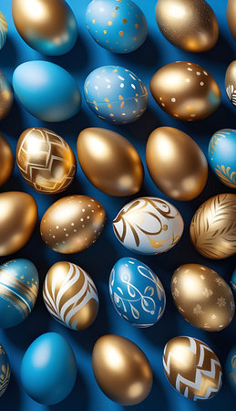 Blue and gold Easter eggs on a blue background. High quality photoの素材