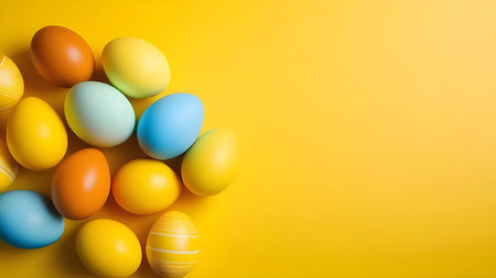 Golden Easter eggs on a yellow background. High quality photoの素材
