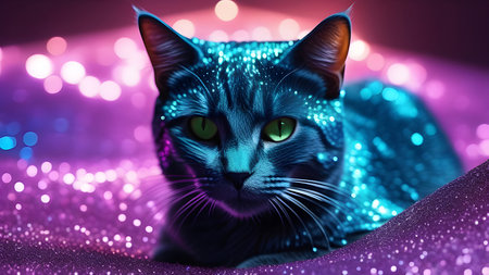 Black cat in halographic sparkles. High quality photoの素材