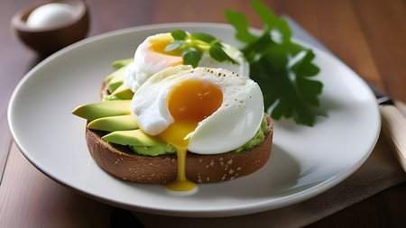 Sandwiches, bruschetta with avacado and poached egg. High quality photoの素材