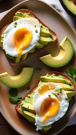 Sandwiches, bruschetta with avacado and poached egg. High quality photoの素材