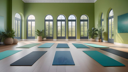 Interior of a yoga room in green tones. High quality photoの素材