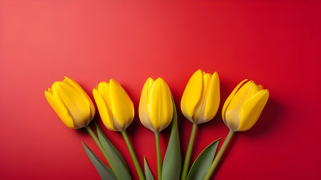 Yellow tulips on a red background with space for text. Postcard for March 8. High quality photoの素材