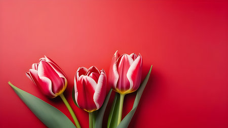 Red tulips on a red background with space for text. Postcard for March 8. High quality photoの素材