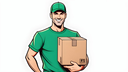 Delivery man in green clothes with a box in his hands on a white background. High quality photoの素材