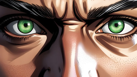 Green male eyes of a man in comics style. Emotions: anger, cruelty, discontent, aggression.の素材