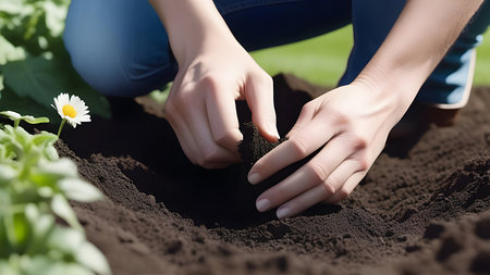 Planting flowers in the ground. High quality photoの素材