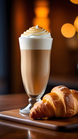 Glass with latte and croissant. High quality photoの素材