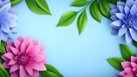 Flowers on a blue background with space for text. High quality photoの素材