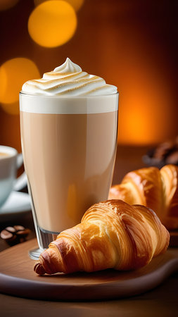 Glass with latte and croissant. High quality photoの素材