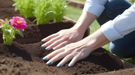 Planting flowers in the ground. High quality photoの素材