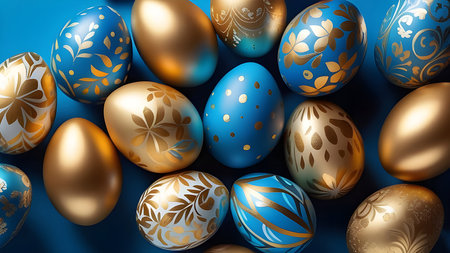 Blue and gold Easter eggs on a blue background. High quality photoの素材