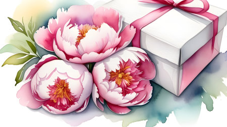 Peonies and a gift, watercolor drawing. Postcard for International Women's Day, Mother's Day, Birthday. High quality photoの素材
