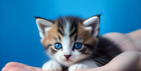 Kitten on hand on a blue background. High quality photoの素材