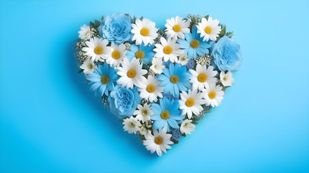 Flowers in the shape of a heart on a blue background. High quality photoの素材