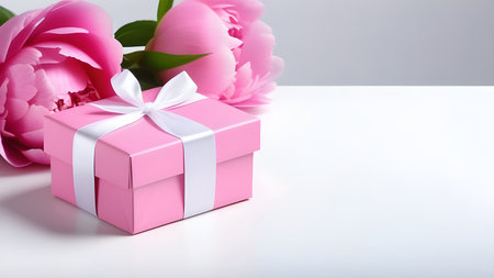 Gift with peonies on a white background. Banner for Valentine's Day, March 8, birthday. High quality photoの素材