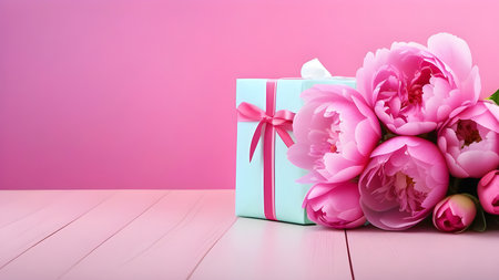 Gift with a pink ribbon with peonies on a pink background. Banner for Valentine's Day, March 8, birthday. High quality photoの素材
